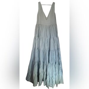 AYA Sacred Wear Light Blue Tiered Maxi Dress V-Neck Pockets Sleeveless